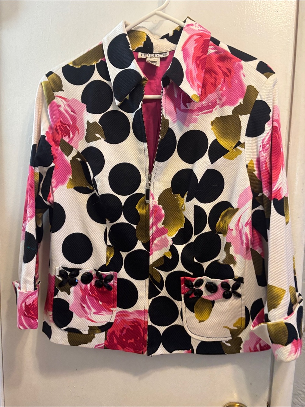 Mishca White Jacket with Pink Floral & Black Polka Dots